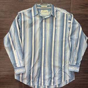 Orvis Mens Button Down Shirt Striped Denim Yellow White Long Sleeve